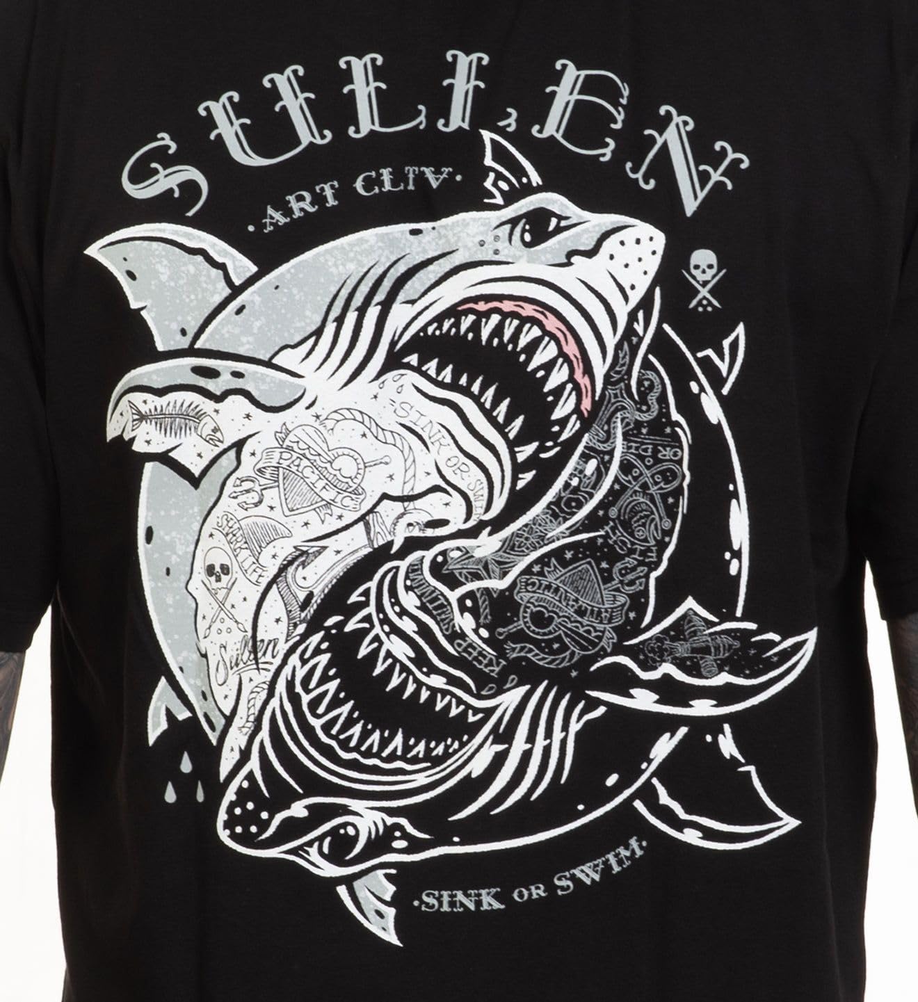 Sullen Men's Sink or Swim Shark Week Capsule Tattoo Lifestyle Graphic Premium Short Sleeve Tee, X-Large, Jet Black